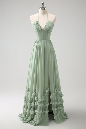 Dusty Sage Halter Ruffled Bridesmaid Dress with Slit